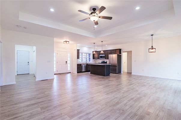 Interior, Kitchen, Pendant Lights, Recessed Lighting, Stainless Steel Appliances, Wood Texture Flooring