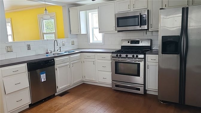 Interior, Kitchen, Pendant Lights, Stainless Steel Appliances, Wood Texture Flooring
