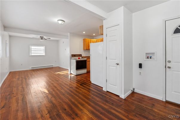 Empty room, Interior, Kitchen, Recessed Lighting, Wood Texture Flooring