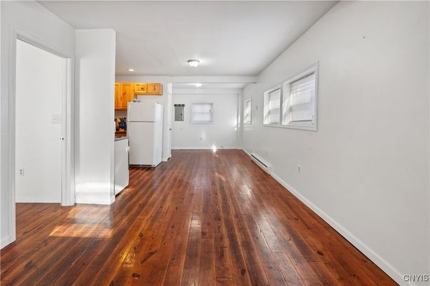 Empty room, Interior, Kitchen, Recessed Lighting, Wood Texture Flooring