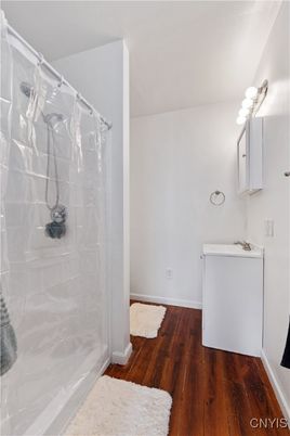 Bathroom, Glass Shower, Interior, Wood Texture Flooring