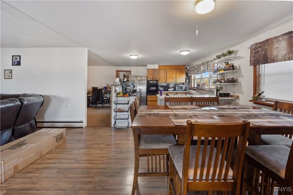 Dining room, Interior, Kitchen, Stainless Steel Appliances, Wood Texture Flooring