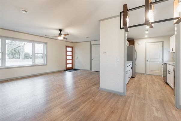 Empty room, Interior, Kitchen, Recessed Lighting, Wood Texture Flooring