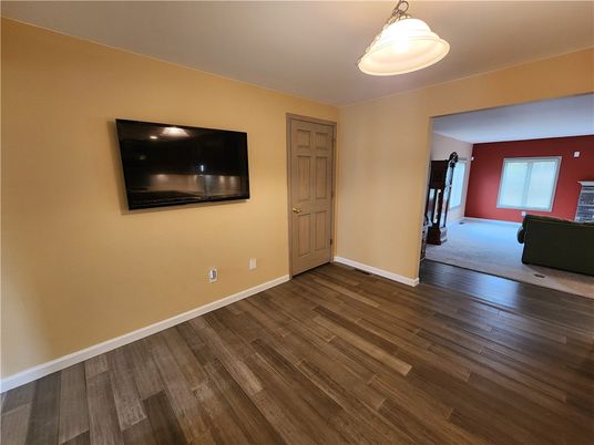 Empty room, Fireplace, Interior, Pendant Lights, Wood Texture Flooring