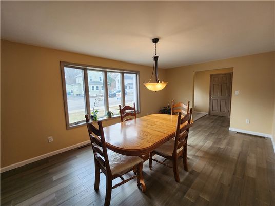 Dining room, Interior, Pendant Lights, Wood Texture Flooring