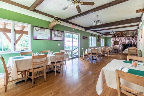 Dining room, Fireplace, Interior, Wooden Beams, Wood Texture Flooring