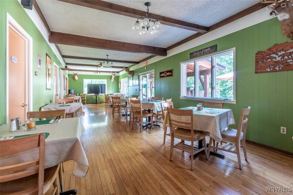 Chandelier, Dining room, Interior, Wooden Beams, Wood Texture Flooring