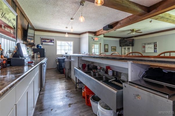 Interior, Kitchen, Pendant Lights, Wooden Beams, Wood Texture Flooring