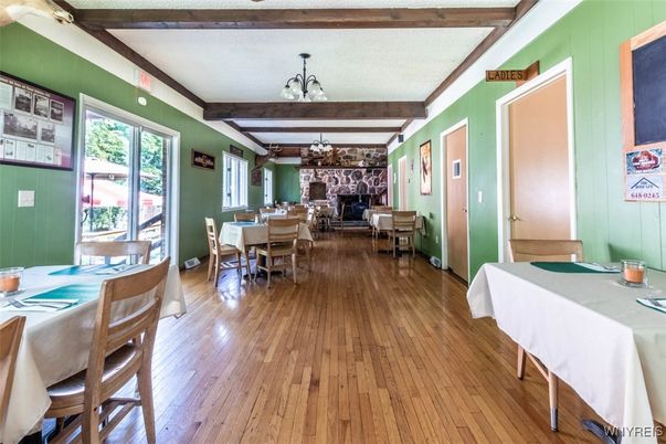 Dining room, Fireplace, Interior, Wooden Beams, Wood Texture Flooring