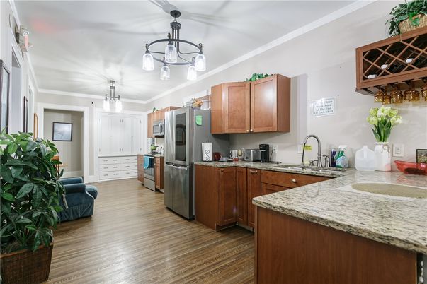 Interior, Kitchen, Pendant Lights, Stainless Steel Appliances, Wood Texture Flooring