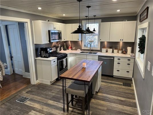 Interior, Kitchen, Pendant Lights, Recessed Lighting, Stainless Steel Appliances, Wood Texture Flooring