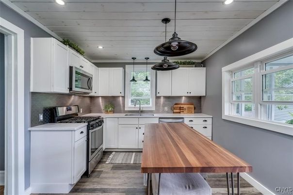 Interior, Kitchen, Pendant Lights, Recessed Lighting, Stainless Steel Appliances, Wooden Ceilings, Wood Texture Flooring