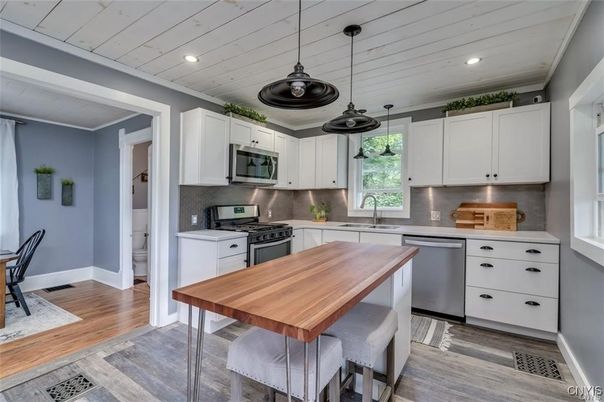 Interior, Kitchen, Pendant Lights, Recessed Lighting, Stainless Steel Appliances, Wood Texture Flooring