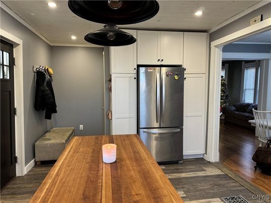 Dining room, Interior, Kitchen, Recessed Lighting, Stainless Steel Appliances, Wood Texture Flooring
