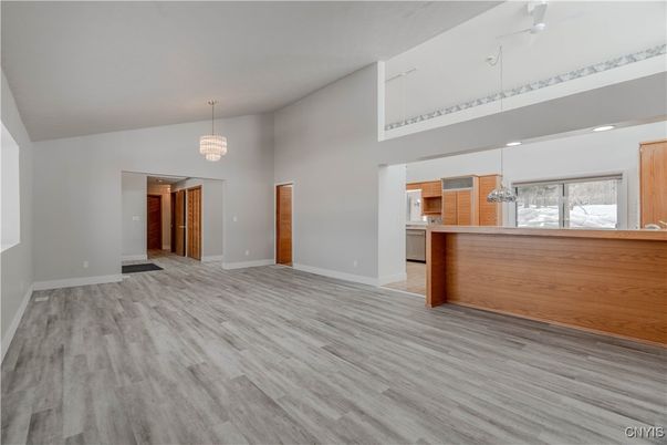 Chandelier, Empty room, Interior, Kitchen, Wood Texture Flooring