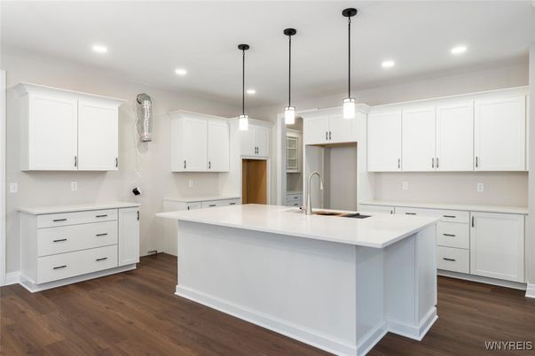 Interior, Kitchen, Pendant Lights, Recessed Lighting, Wood Texture Flooring