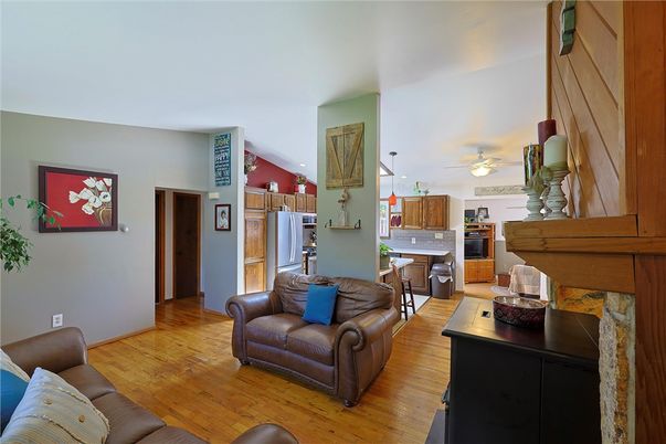 Fireplace, Interior, Kitchen, Living room, Stainless Steel Appliances, Wood Texture Flooring