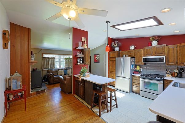 Interior, Kitchen, Living room, Recessed Lighting, Stainless Steel Appliances, Wood Texture Flooring