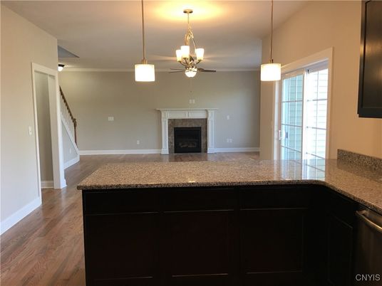 Fireplace, Interior, Kitchen, Pendant Lights, Wood Texture Flooring