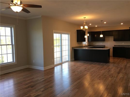 Chandelier, Empty room, Interior, Kitchen, Pendant Lights, Recessed Lighting, Wood Texture Flooring