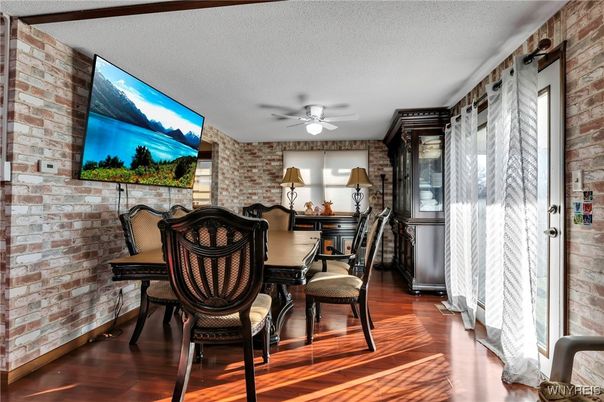 Dining room, Interior, Stone Walls, Wood Texture Flooring