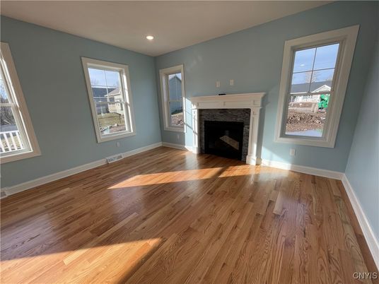 Empty room, Fireplace, Interior, Recessed Lighting, Wood Texture Flooring