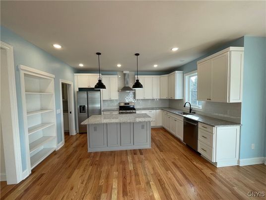 Interior, Kitchen, Pendant Lights, Recessed Lighting, Stainless Steel Appliances, Wood Texture Flooring