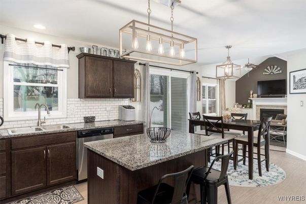 Dining room, Fireplace, Interior, Kitchen, Pendant Lights, Recessed Lighting, Wood Texture Flooring