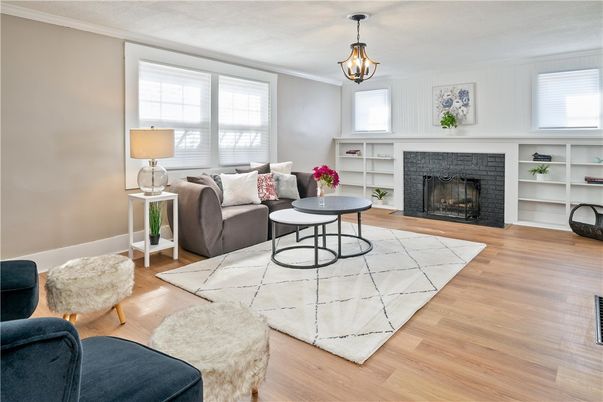Fireplace, Interior, Living room, Pendant Lights, Wood Texture Flooring