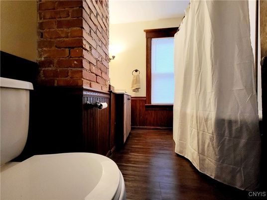 Bathroom, Interior, Stone Walls, Wood Texture Flooring