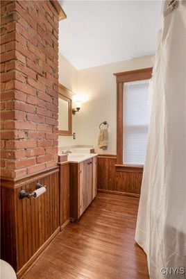 Bathroom, Interior, Stone Walls, Wood Texture Flooring
