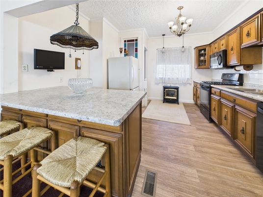 Chandelier, Fireplace, Interior, Kitchen, Pendant Lights, Wood Texture Flooring
