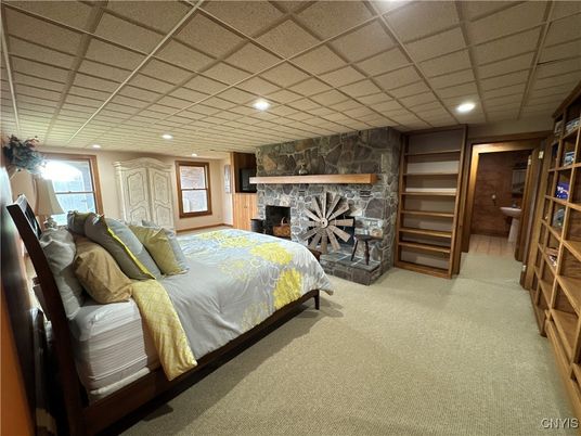 Bedroom, Fireplace, Interior, Recessed Lighting, Stone Walls
