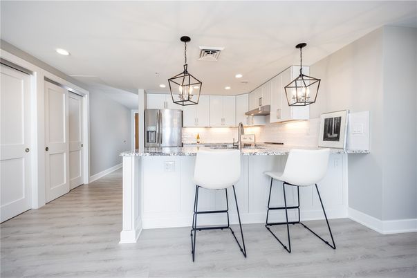 Interior, Kitchen, Pendant Lights, Recessed Lighting, Stainless Steel Appliances, Wood Texture Flooring