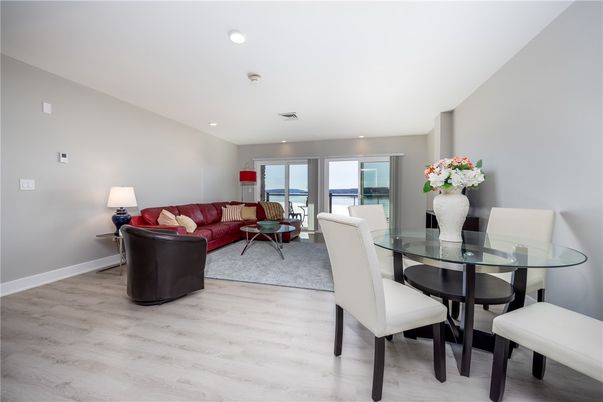 Dining room, Interior, Living room, Recessed Lighting, Wood Texture Flooring