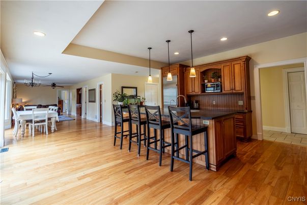 Dining room, Interior, Kitchen, Pendant Lights, Recessed Lighting, Wood Texture Flooring