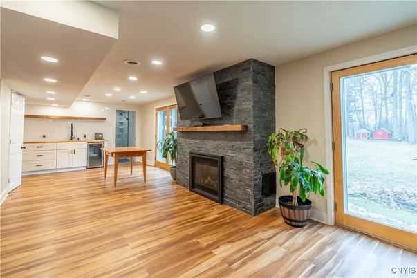 Fireplace, Interior, Kitchen, Recessed Lighting, Wood Texture Flooring