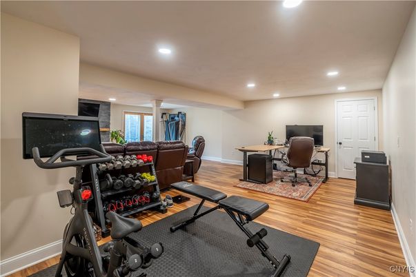 Fitness Equipment, Home Office, Interior, Recessed Lighting, Wood Texture Flooring