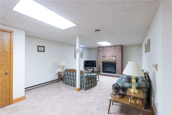 Fireplace, Interior, Living room, Recessed Lighting, Stone Walls