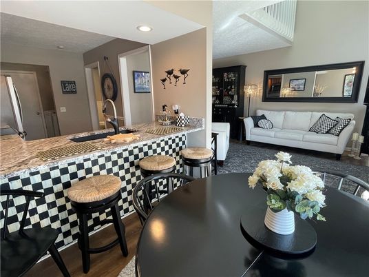 Dining room, Interior, Living room, Recessed Lighting, Wood Texture Flooring
