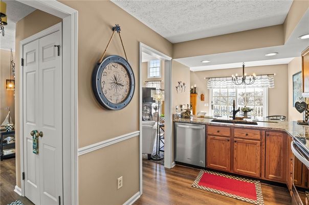 Chandelier, Interior, Kitchen, Pendant Lights, Recessed Lighting, Wood Texture Flooring