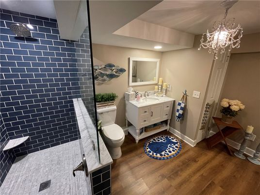 Bathroom, Chandelier, Interior, Recessed Lighting, Wood Texture Flooring