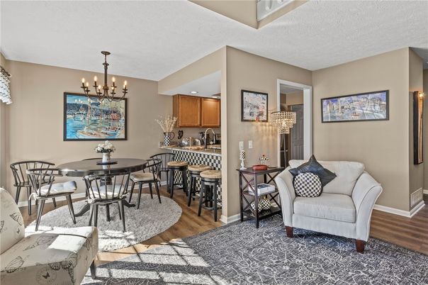 Chandelier, Dining room, Interior, Kitchen, Recessed Lighting, Wood Texture Flooring