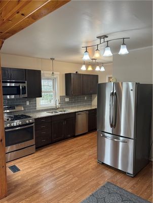 Interior, Kitchen, Pendant Lights, Stainless Steel Appliances, Wood Texture Flooring