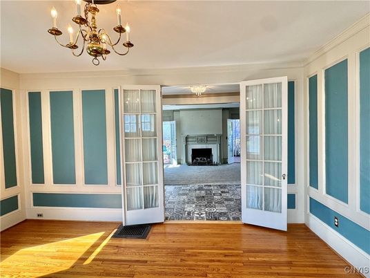 Chandelier, Empty room, Fireplace, Interior, Wood Texture Flooring