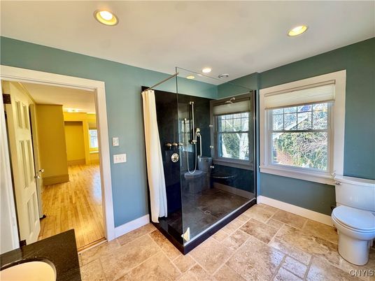Bathroom, Glass Shower, Interior, Recessed Lighting, Wood Texture Flooring