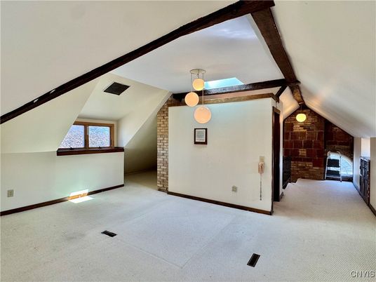 Empty room, Interior, Pendant Lights, Stone Walls, Wooden Beams