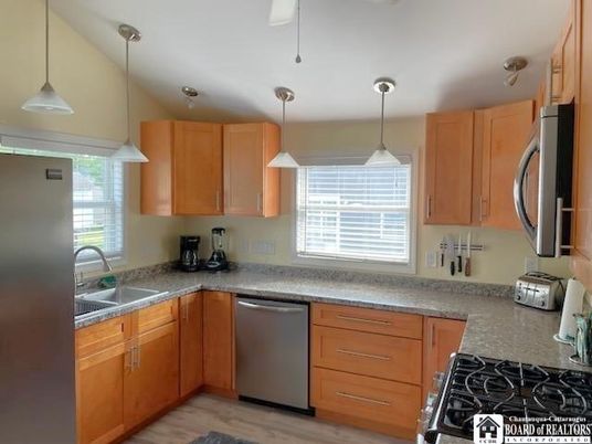 Interior, Kitchen, Pendant Lights, Stainless Steel Appliances, Wood Texture Flooring