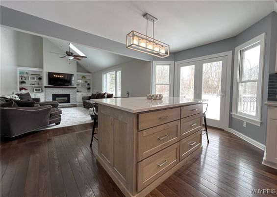 Fireplace, Interior, Living room, Pendant Lights, Wood Texture Flooring