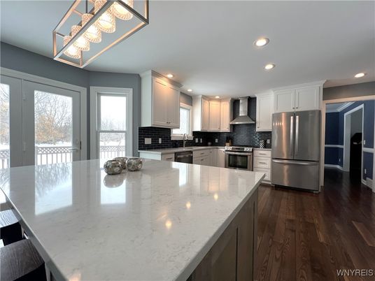 Interior, Kitchen, Recessed Lighting, Stainless Steel Appliances, Wood Texture Flooring